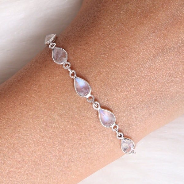 Rainbow Moonstone Bracelet, 925 Sterling Silver Bracelet, June Birthstone Bracelet, Crystal Bracelet, Boho Silver Jewelry, Gift For Her