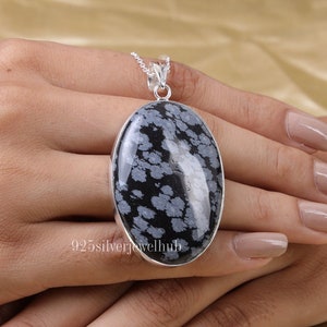 Pingente grande de obsidiana de floco de neve, pingente de prata esterlina 925, pingente feito à mão, pingente de cristal, pingente de declaração, pingente boho