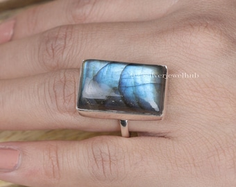 Ring labradoriet, 925 sterlingzilveren ring, rechthoekige ring, handgemaakte ring, statement sieraden, cabochon-ring, verjaardagscadeau voor haar