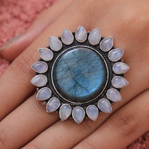 Rainbow Moonstone & Labradorite Ring, 925 Solid Sterling Silver Ring, Handmade Ring, Bohemian Jewellery, Statement Ring, Anniversary Gift