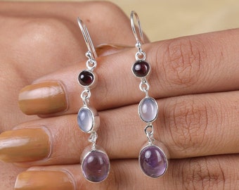 Amethyst, Chalcedon, Granat, 925 Sterling Silber Ohrringe, Tropfen Silber Ohrringe, Geburtsstein Ohrringe, Boho Ohrringe, Handgemachte Ohrringe