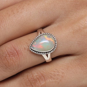 Ethiopian Opal Ring, 925 Sterling Silver Ring, Teardrop Shaped Ring, Opal Gemstone Ring, October Birthstone Ring, Anniversary Gift For Her