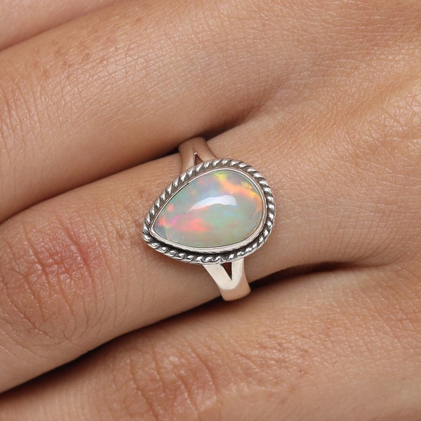 Ethiopian Opal Ring, 925 Sterling Silver Ring, Teardrop Shaped Ring, Opal Gemstone Ring, October Birthstone Ring, Anniversary Gift For Her