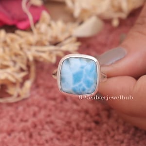 Dominican Larimar Ring, 925 Sterling Silver Ring, Handmade Ring, Gemstone Ring, Cushion Shaped Ring, Larimar Silver Jewellery, Gift For Her