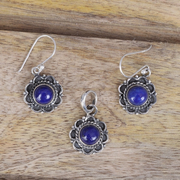 Lapis Lazuli 925 Sterling Silver Pendant Earrings Set / Available as Only Pendant / Only Earrings / Anniversary Gift Jewelry