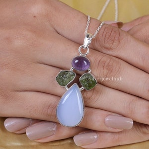 Chalcedony, Amethyst And Raw Peridot, Pendant Necklace, 925 Sterling Silver Necklace, Gemstone Pendant, Handmade Jewelry, Women Necklace