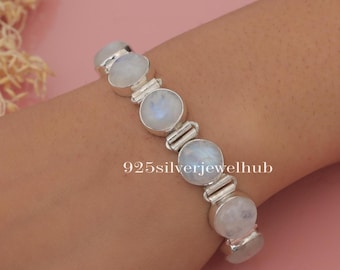 Rainbow Moonstone Bracelet, 925 Sterling Silver Bracelet, June Birthstone Bracelet, Boho Handmade Jewelry, Cabochon Bracelet, Gift For Her