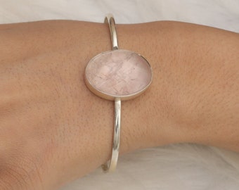 Rose Quartz Cuff Bracelet, 925 Sterling Silver Bracelet, January Birthstone Bracelet, Gemstone Cuff Jewellery, Women Silver Bracelet