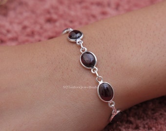 Pulsera de granate, pulsera de plata de ley 925, pulsera de cabujón, pulsera con piedra de nacimiento de enero, pulsera hecha a mano, joyería de plata para mujer