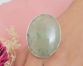 Bague en préhnite naturelle, bague en argent sterling 925, bague ovale avec pierres précieuses, bague tendance, bijoux en argent préhnite, bague faite main, cadeau pour elle