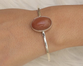 Peach Moonstone Cuff, 925 Sterling Silver Cuff, June Birthstone, Bohemian Bangle Bracelet, Handmade Silver Jewellery, Wedding Gift For Her