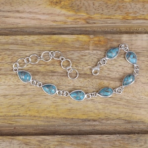 Blue Copper Turquoise Bracelet, 925 Sterling Silver Bracelet, Handmade Bracelet, Boho Bracelet, December Birthstone, Pear Gemstone Jewelry