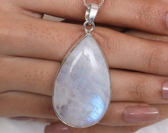 Rainbow Moonstone Pendant, 925 Sterling Silver Pendant, June Birthstone, Pendant Necklace, Pear Gemstone Pendant, Handmade Silver Jewelry