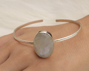 Rainbow Moonstone Cuff, 925 Solid Sterling Silver Cuff Bracelet, Oval Gemstone Cuff, June Birthstone Bangle, Moonstone Silver Jewellery