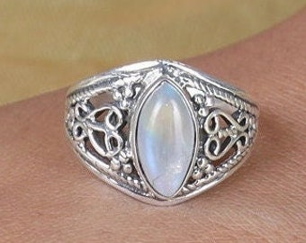 Rainbow Moonstone Ring, 925 Sterling Silver Ring, June Birthstone, Gemstone Ring, Bohemian Ring, Women Silver Ring, Marquise Stone Ring