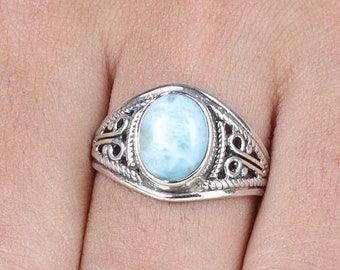 Anillo Larimar, Anillo de Plata de Ley 925, Anillo de Piedras Preciosas Azules, Anillo Boho, Anillo Hecho a Mano, Anillo para Mujeres, Anillo Promesa, Anillo de Cristal Larimar