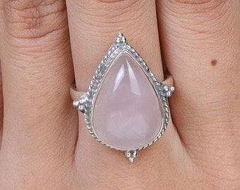 Rose Quartz Ring, 925 Sterling Silver Ring, January Birthstone, Pear Shaped Ring, Cabochon Gemstone Ring, Pink Crystal Ring, Handmade Ring