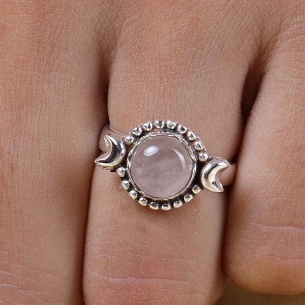 Rose Quartz Ring, 925 Sterling Silver Ring, Round Gemstone Ring, Women Silver Jewelry, Boho Handmade Ring, Wedding Gift for Best Friend