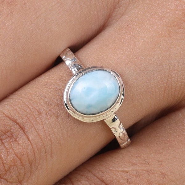 Larimar Ring, 925 Sterling Silver Ring, Oval Stone Ring, Dainty Jewelry, Solitaire Ring, Women Silver Ring, Handmade Ring, Crystal Ring