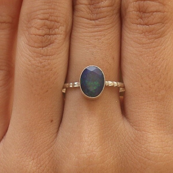 Schwarzer Opal Ring, 925 Sterling Silber Ring, Facettierter Edelstein Ring, Boho Schmuck, Oktober Geburtsstein Ring, Frauen Silber Ring, Eleganter Ring