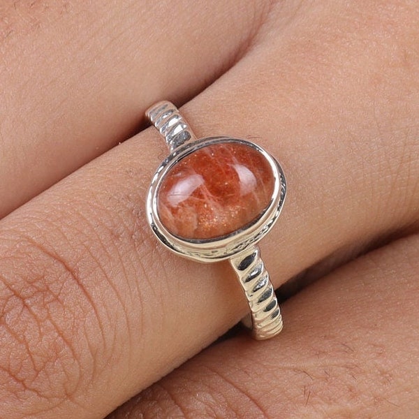 Sunstone Ring, 925 Sterling Silver Ring, Oval Stone Ring, Solitaire Ring, Boho Ring, Handmade Ring, Crystal Ring, Birthday Gift for Sister