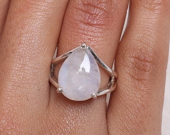 Rainbow Moonstone Ring, 925 Sterling Silver Ring, Crystal Ring, June Birthstone Ring, Handmade Silver Jewellery, Wedding Gift for Women