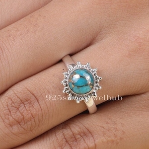 Blue Copper Turquoise Ring, 925 Sterling Silver Ring, Healing Crystal Ring, Vintage Ring, Bohemian Jewelry, Roung Shape Ring, Gift for Her