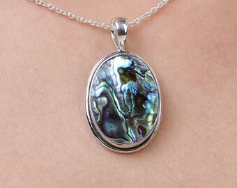 Abalone Muschel Anhänger, 925 Sterling Silber Anhänger, Edelstein Anhänger, Oval Form Anhänger, Statement Anhänger, Boho Anhänger, handgemachte Halskette