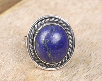 Lapis Lazuli Ring, 925 Sterling Silver Ring, Boho Statement Ring, September Birthstone Ring, Oval Solitaire Ring, Handmade Silver Jewellery
