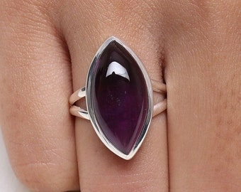 Natural Amethyst Ring, 925 Solid Sterling Silver Ring, Marquise Shaped Ring, Gemstone Ring, Handmade Silver Jewelry, Wedding Gift for Her