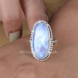 Rainbow Moonstone Ring, 925 Sterling Silver Ring, June Birthstone, Oval Shaped Ring, Big Gemstone Ring, Women Silver Ring, Statement Ring