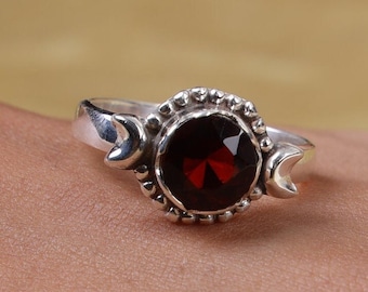 Garnet Ring, 925 Sterling Silver Ring, Round Gemstone Ring, January Birthstone Ring, Crystal Garnet Ring, Handmade Jewellery, Festival Ring