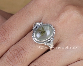Bague en préhnite naturelle, bague en argent sterling 925, bague bohème avec pierres précieuses, bague de forme ovale, bague en cristal, bague pour femme, bijoux en argent faits main