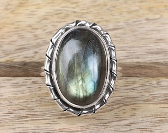 Anello labradorite, anello in argento massiccio 925, anello di forma ovale, anello cabochon, gioielli in argento fatti a mano, regalo di anniversario per donna