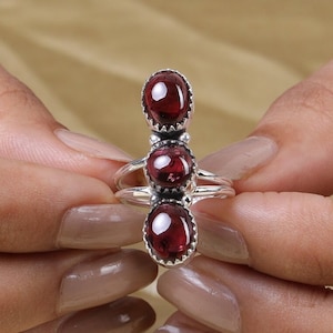 Garnet Ring, 925 Sterling Silver Ring, Handmade Ring, Garnet Gemstone Ring, January Birthstone, Women Ring, Bohemian Ring, Triple Stone Ring