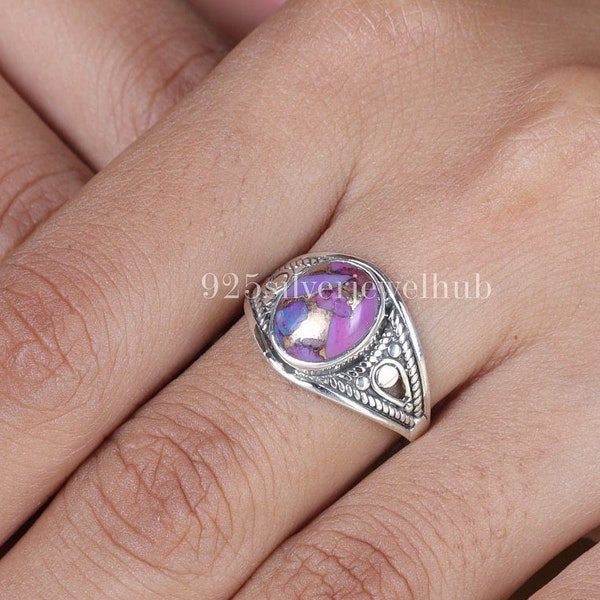 Purple Copper Turquoise Ring, 925 Sterling Silver Ring, December Birthstone, Oval Gemstone Ring, Crystal Turquoise Jewelry, Gift for Women