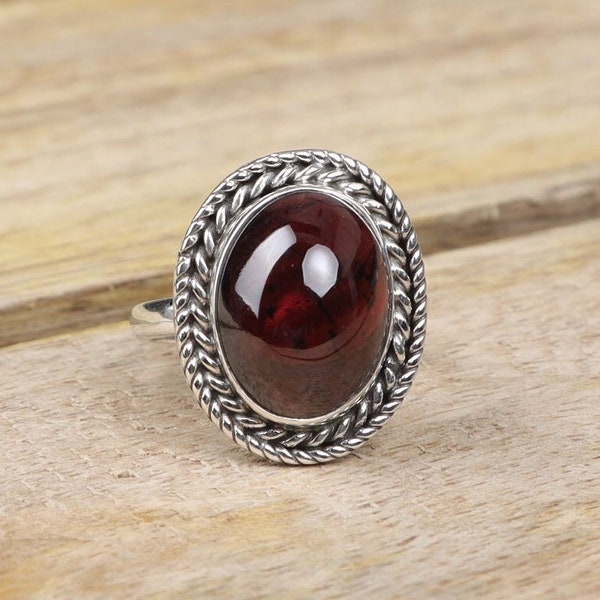 Garnet Ring, 925 Sterling Silver Ring, Red Gemstone Ring, Bohemian Ring, January Birthstone Ring, Garnet Jewellery, Handmade Silver Ring