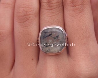 Bague en préhnite naturelle, bague en argent sterling 925, bague coussin en pierres précieuses, bijoux en argent faits main, bague en argent pour femme, cadeau de Noël pour elle