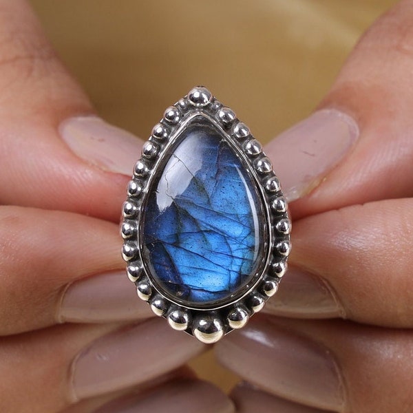 Labradorite Ring, 925 Sterling Silver Ring, Pear Shaped Ring, Fire Gemstone Ring, Statement Ring, Handmade Ring, Gift Ring, Ring for Women