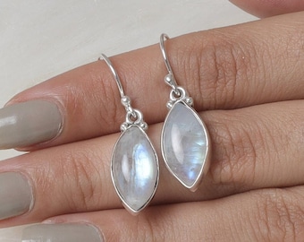 Rainbow Moonstone Earrings, 925 Sterling Silver Earrings, June Birthstone Earrings, Marquise Gemstone Earrings, Moonstone Silver Jewellery