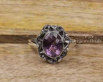 Natural Amethyst Ring, 925 Sterling Silver Ring, Oval Shape Ring, Handmade Jewellery, Faceted Gemstone Ring, February Birthstone Ring