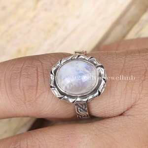 Regenboog maansteenring, 925 sterlingzilveren ring, juni geboortesteenring, cabochonring, handgemaakte sieraden, boho-ring, cadeau voor vrouwen