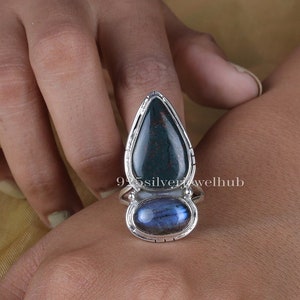 Labradorite Ring, Bloodstone Ring, 925 Sterling Silver Ring, Statement Ring, Two Gemstone Ring, Healing Stone Ring, Personalized Gifts