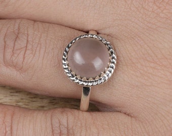 Rose Quartz Ring, 925 Sterling Silver Ring, Round Shape Ring, Handmade Ring, January Birthstone, Pink Gemstone Ring, Birthday Gift For Her