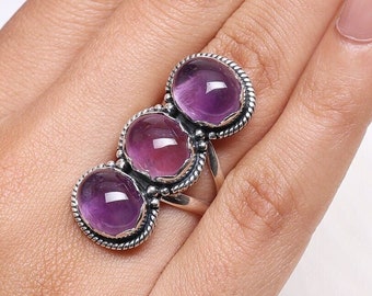 Amethyst Ring, 925 Solid Sterling Silver Ring, Triple Gemstone Ring, February Birthstone Ring, full finger Ring, Statement Silver Ring