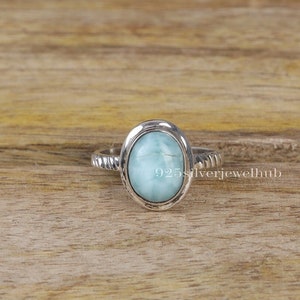 Anillo de larimar natural, anillo de plata de ley 925, anillo hecho a mano, anillo bohemio, anillo de plata de cristal, joyería de larimar, anillo hippie, regalo para ella