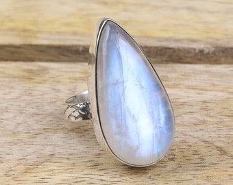 Rainbow Moonstone Ring, 925 Solid Sterling Silver Ring, June Birthstone, Teardrop Ring, Handmade Jewellery, Rainbow Fire Ring, Gift For Her