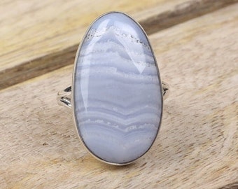 Blue Lace Agate Ring, 925 Solid Sterling Silver Ring, Oval Gemstone Ring, Handmade Silver Jewellery, Statement Ring, Women Silver Ring