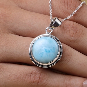 Natural Larimar Necklace, 925 Sterling Silver Pendant, Round Shaped Necklace, Minimalist Jewelry, Handmade Pendant, Women Silver Necklace