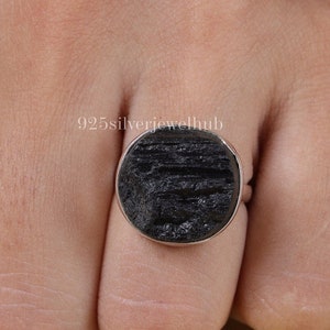 Raw Black Tourmaline Ring, 925 Sterling Silver Ring, Raw Crystal Ring, Round Shaped Ring, Handmade Ring, Boho Ring, Natural Gemstone Ring